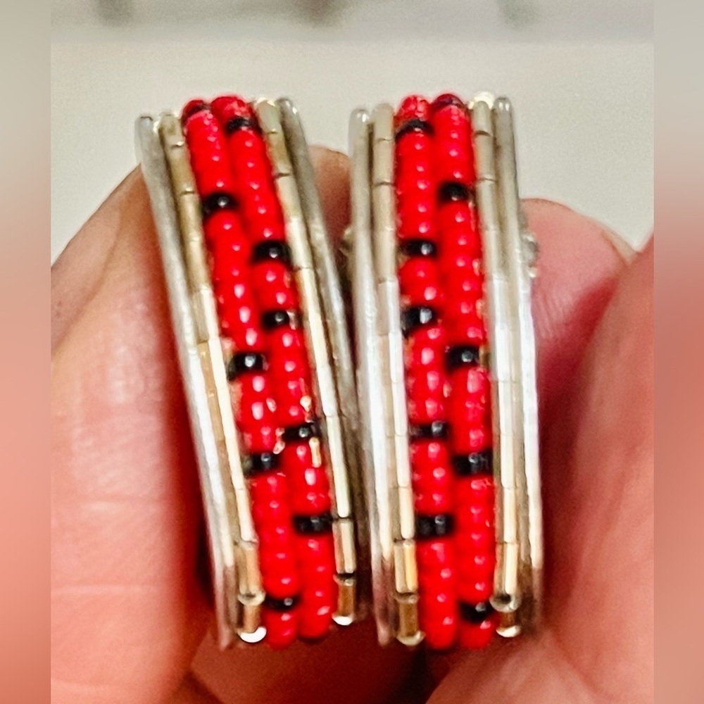 VTG Native American Navajo Handmade КМН 925 Sterling Silver Bead Inlay Earrings